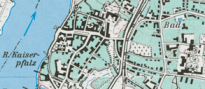 Ausschnitt aus einer heutigen großmaßstäbigen Karte mit geographischen Objekten und Geländeformen