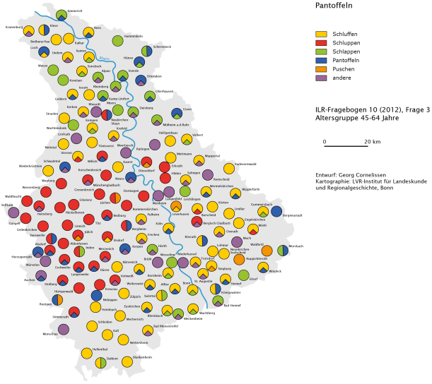 Sprachkarte, die die unterschiedlichen Bezeichnungen für Pantoffeln im Rheinland zeigt