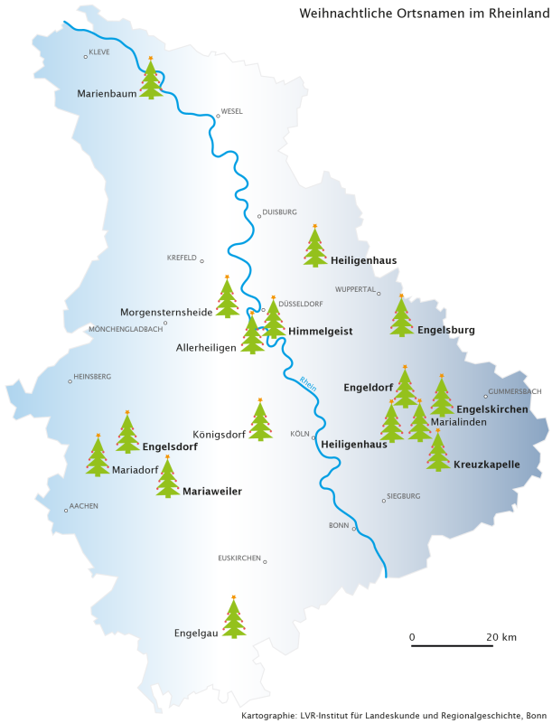 Sprachkarte der weihnachtlichen Ortsnamen im Rheinland