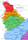 Karte, die den rheinischen Fächer mit den Dialekgebieten des Rheinlandes zeigt